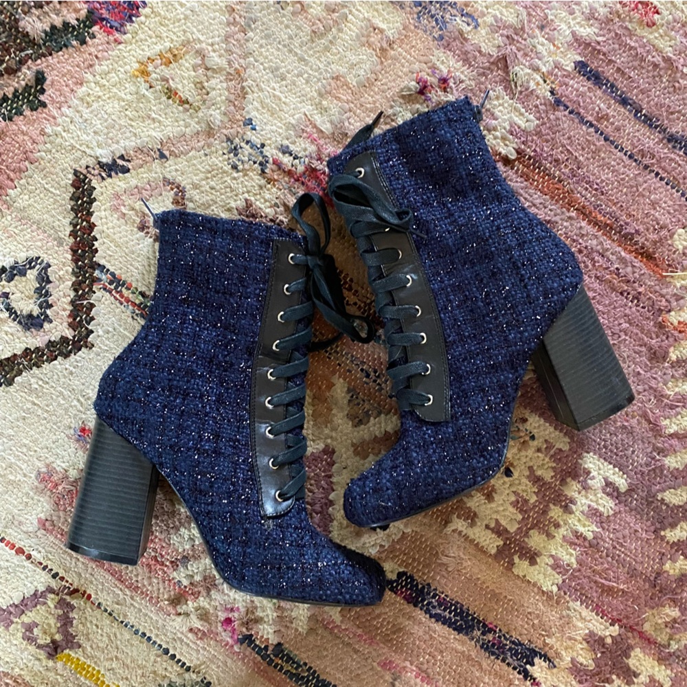 Forever 21 Tweed Sparkly Ankle Boots, Lace Up, High Heel Booties, Size 9.5